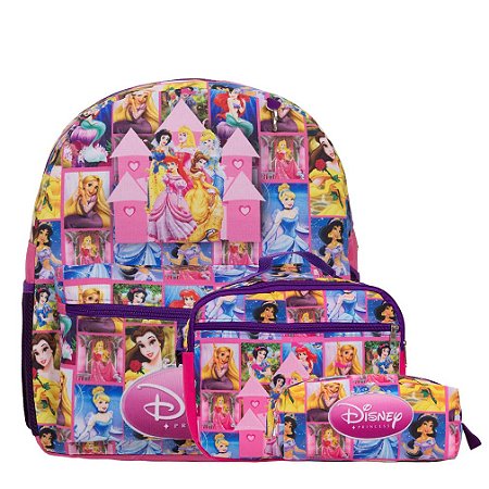 Kit Mochila Infantil Feminina Princesas Tam M Juvenil Rosa