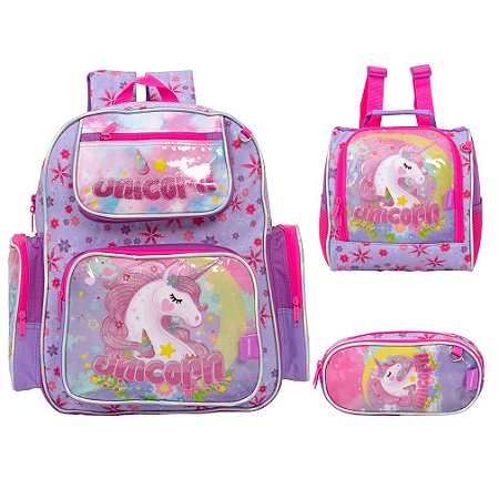 Kit Mochila Infantil Feminina Unicórnio Costas Com Lancheira
