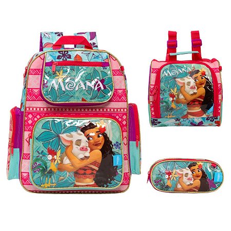 Kit Mochila Infantil Feminina Moana Costas Tam G 3 Peças