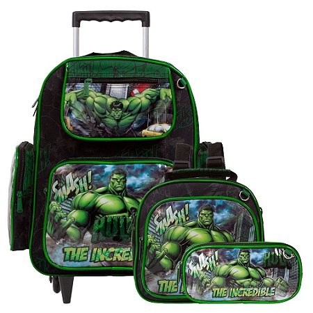 Kit Mochila Infantil Masculina Rodinha Hulk Tam G Cor Preta
