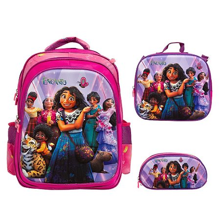 Kit Mochila Infantil Feminina Encanto Lancheira Estojo Rosa