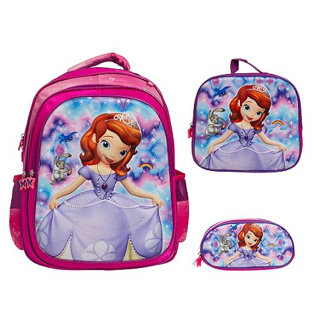 Kit Mochila Infantil Feminina Princesa Sofia 3D Costas Tam G