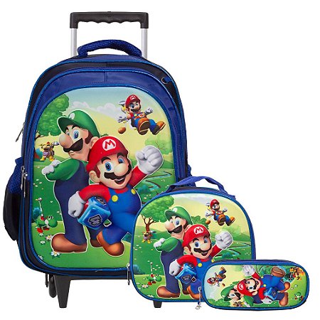 Kit Mochila Infantil Masculina Rodinha Super Mario Bros 3D