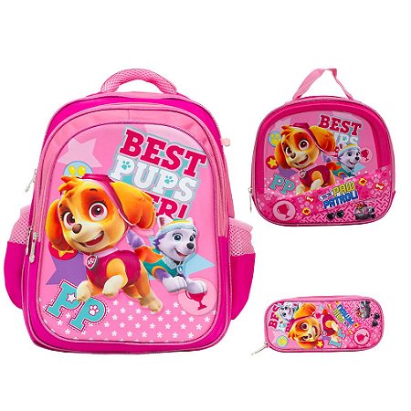 Kit Mochila Infantil Menina Costas Patrulha Canina 3D Rosa