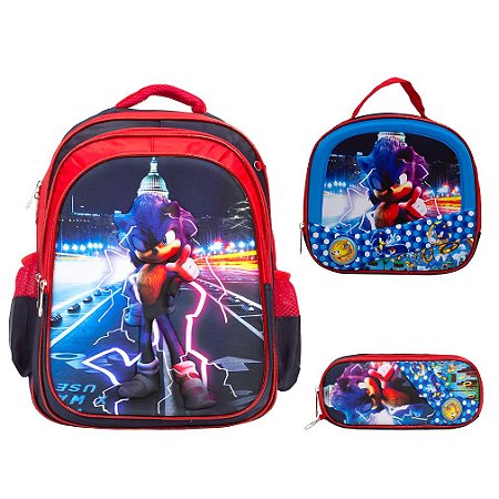 Kit Mochila Infantil Costas Menino Sonic 3D + Lancheira