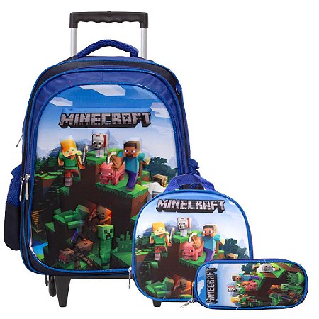 Kit Mochila Infantil Minecraft Rodinha 3D Lancheira Estojo