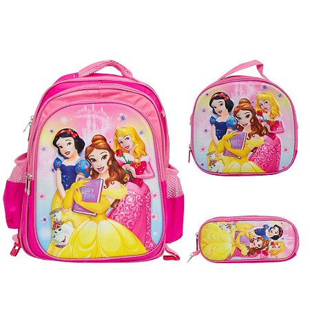 Kit Mochila Infantil Feminina Princesas 3D Costas Tam G