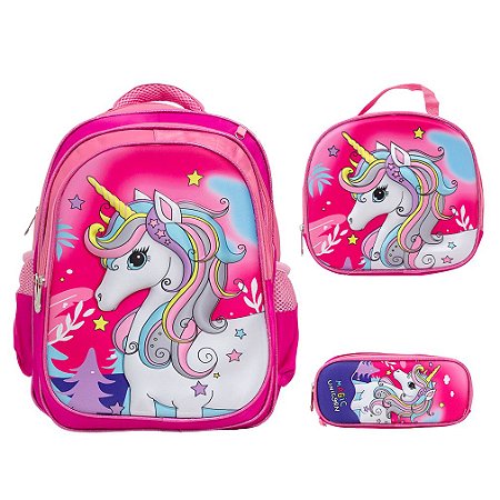 Kit Mochila Infantil Feminina Unicórnio 3D Costas Toys 2U
