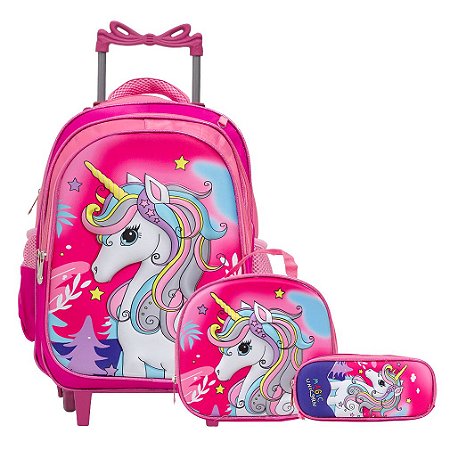 Kit Mochila Infantil Feminina Carrinho Unicórnio 3D Cor Rosa