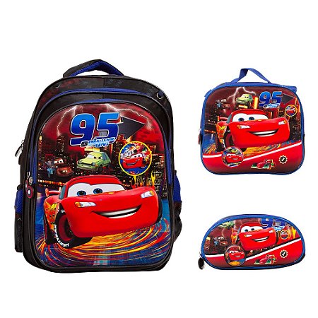Kit Mochila Infantil Masculina Carros 3D Costas + Lancheira