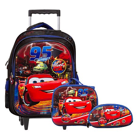 Kit Mochila Infantil Masculina Rodinha Carros 3D + Lancheira