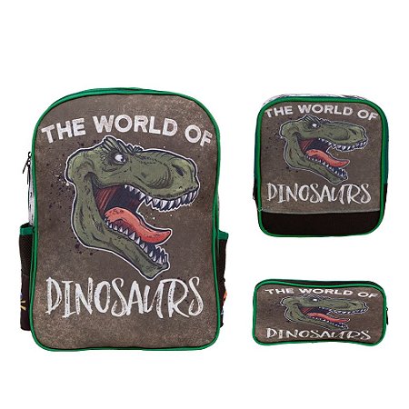 Kit Mochila Infantil Masculina Costas Dinossauro Tam G 3 Pçs