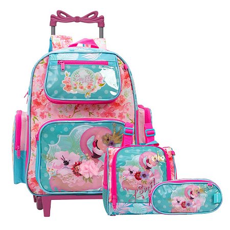 Kit Mochila Infantil Menina Rodinha Flamingo Com Lancheira