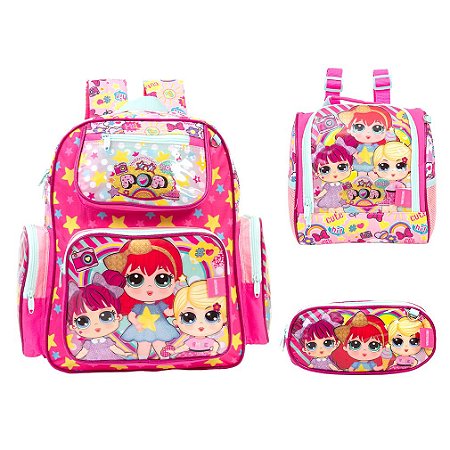 Kit Mochila Infantil Feminina LOL Costas Com Lancheira Rosa