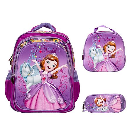 Kit Mochila Infantil Feminina Princesa Sofia 3D + Lancheira