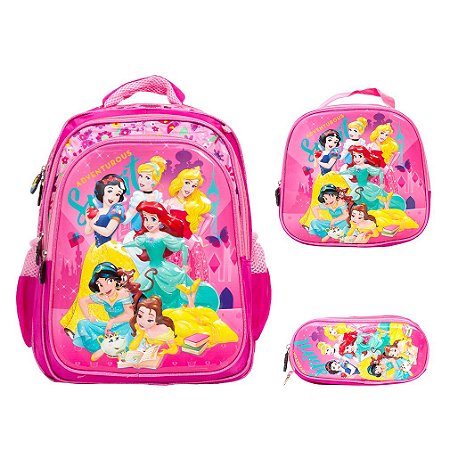 Kit Mochila Infantil Menina Princesas 3D Costas Reforçada