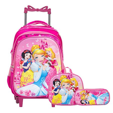 Kit Mochila Infantil Princesas Rodinhas 3D Lancheira Estojo