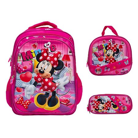 Kit Mochila Infantil Minnie Mouse Costas 3D Lancheira Rosa
