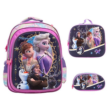 Kit Mochila Infantil Menina Alça Costas Frozen 3D Lancheira