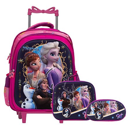 Kit Mochila Escolar Rodinhas Frozen 3D Com Lancheira Rosa