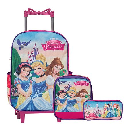 Kit Mochila Infantil Rodinha Princesas Lancheira Estojo Rosa