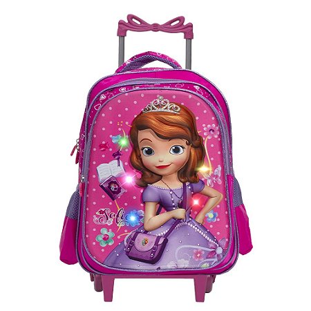 Mochila Infantil Menina Rodinha Princesa Sofia Led 3D Rosa
