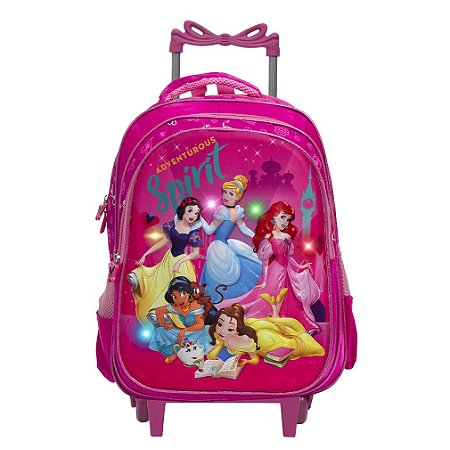 Mochila Infantil Menina Rodinha Princesas 3D Led Frontal