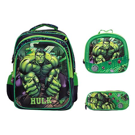 Kit Mochila Infantil Masculina Hulk 3D + Lancheira + Estojo