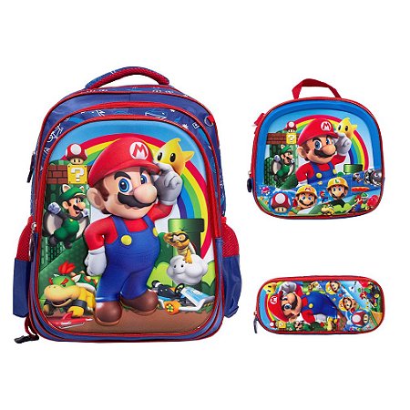 Kit Mochila Infantil Menino 3D Super Mario Costas Lancheira