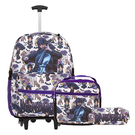 Kit Mochila Infantil Wandinha Rodas Lancheira Estojo Juvenil