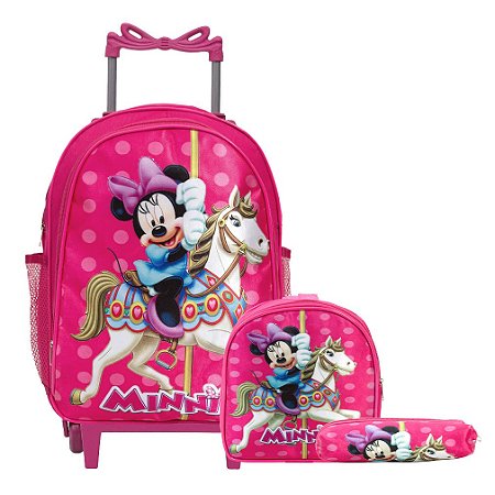Kit Mochila Infantil Escolar Minnie Rodinha Lancheira Estojo