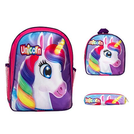 Kit Mochila Infantil Menina Unicórnio Costas 3 Pçs Toys 2U