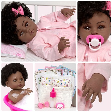 Boneca Reborn Bebê Realista Negra Pijama Roupão 13 Itens