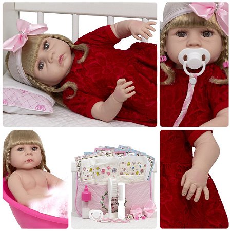 Bebê Reborn Realista Menina Loira Vestido Vermelho 20 Itens
