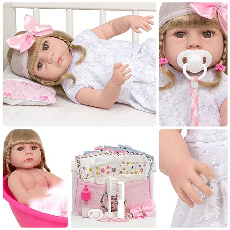 Boneca Reborn Realista Loira Enxoval Completo Vários Itens