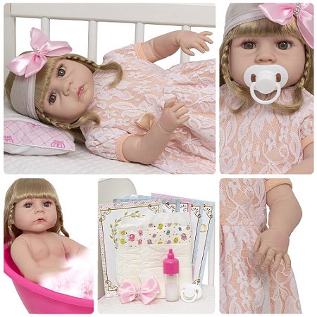 Boneca Reborn Menina Loira Fofinha Vestido Renda 13 Itens