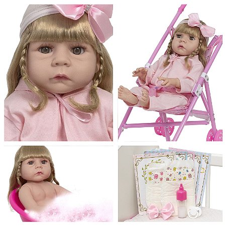 Boneca Reborn Menina Fofa Realista Com Carrinho Infantil