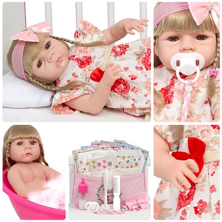 Boneca Reborn Abigail Loira Vestido Florido 20 Acessórios