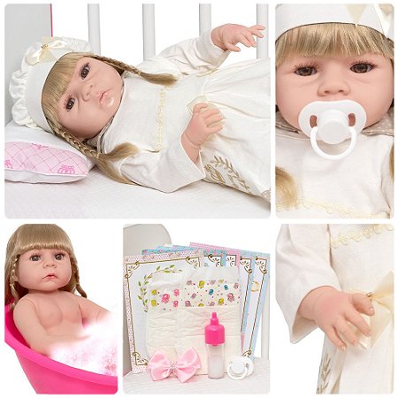 Boneca Reborn Bebê Loira Realista 13 Itens Pode Dar Banho