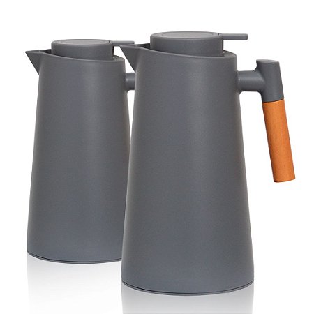 2 Garrafa Térmica Café 1l Com Cabo De Madeira Cor Cinza
