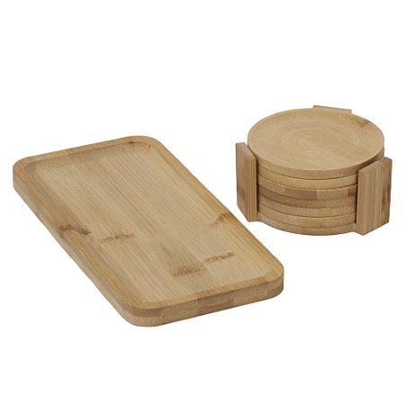 Kit Bandeja De Bambu Retangular Com Porta Copos E Suporte