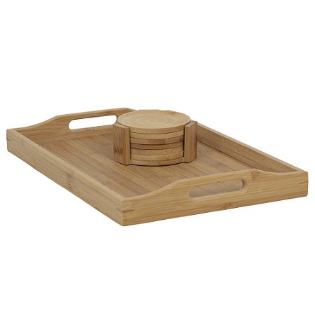 Bandeja De Bambu Multiuso Com Alça + Porta Copos De Bambu