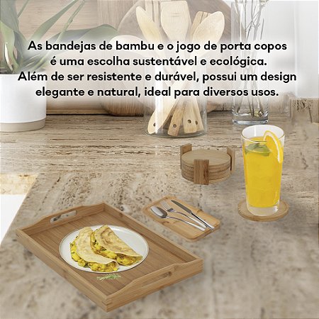Kit Bandejas De Bambu Retangular + Porta Copos De Bambu
