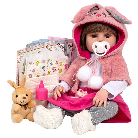 Boneca Reborn Realista Menina Coelhinha Enxoval 12 Itens