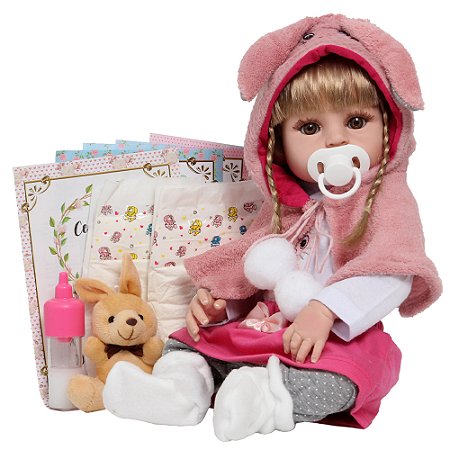 Boneca Reborn Menina Loira Enxoval Coelhinha 12 Acessórios