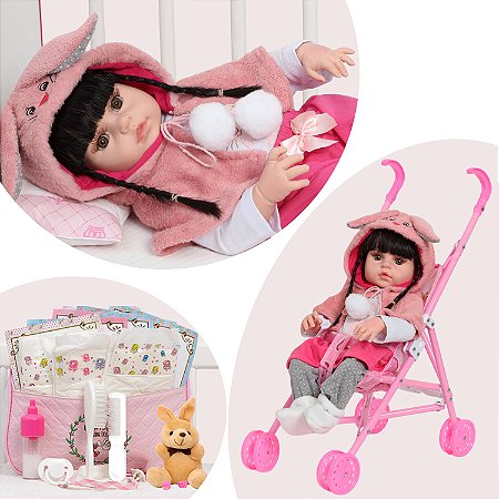Boneca Reborn Realista Coelhinha Bolsa Itens Com Carrinho