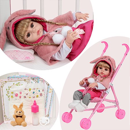 Boneca Bebê Reborn Menina Coelhinha Loira Linda Com Carrinho