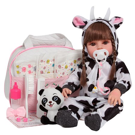 Boneca Bebê Reborn Realista Com Roupa De Vaquinha Completo