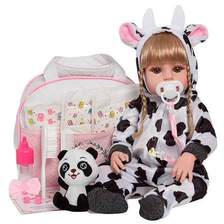 Boneca Bebê Reborn Roupa De Vaquinha Loira Fofinha
