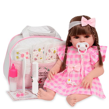 Bebê Reborn Menina Princesa Enxoval Completo Vestido Xadrez